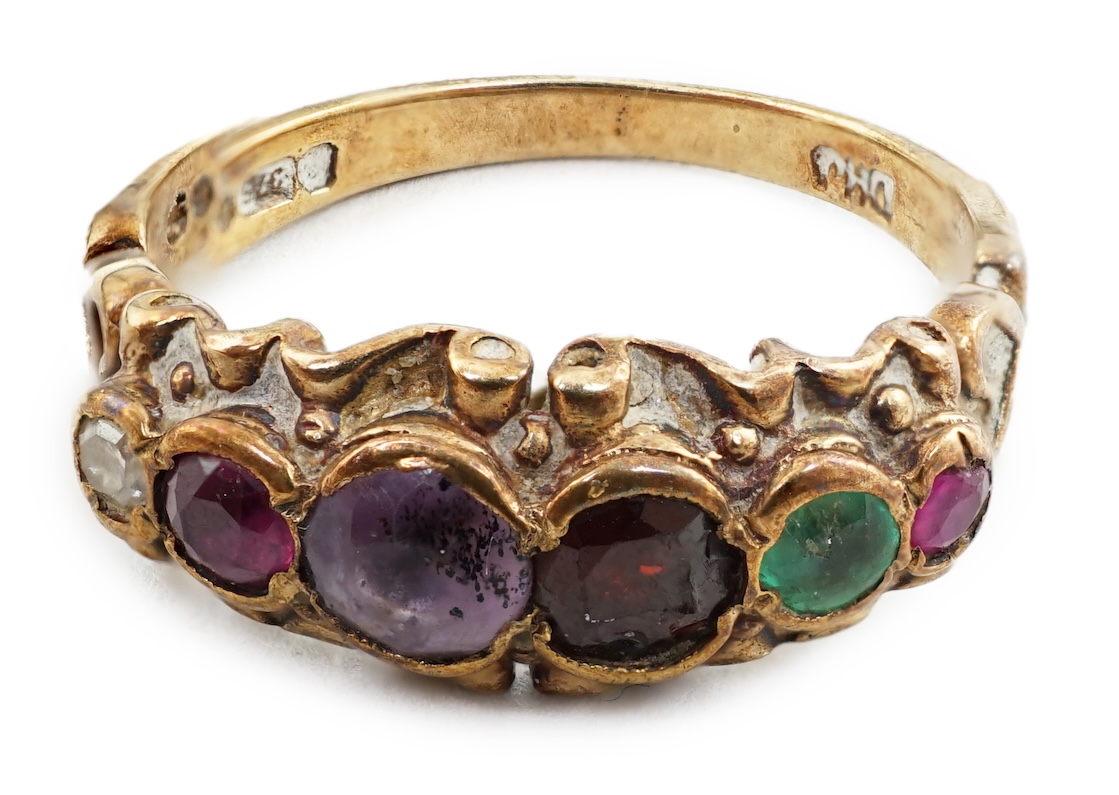 A 1970's Victorian style 9ct gold and gem set 'Regard' half hoop ring